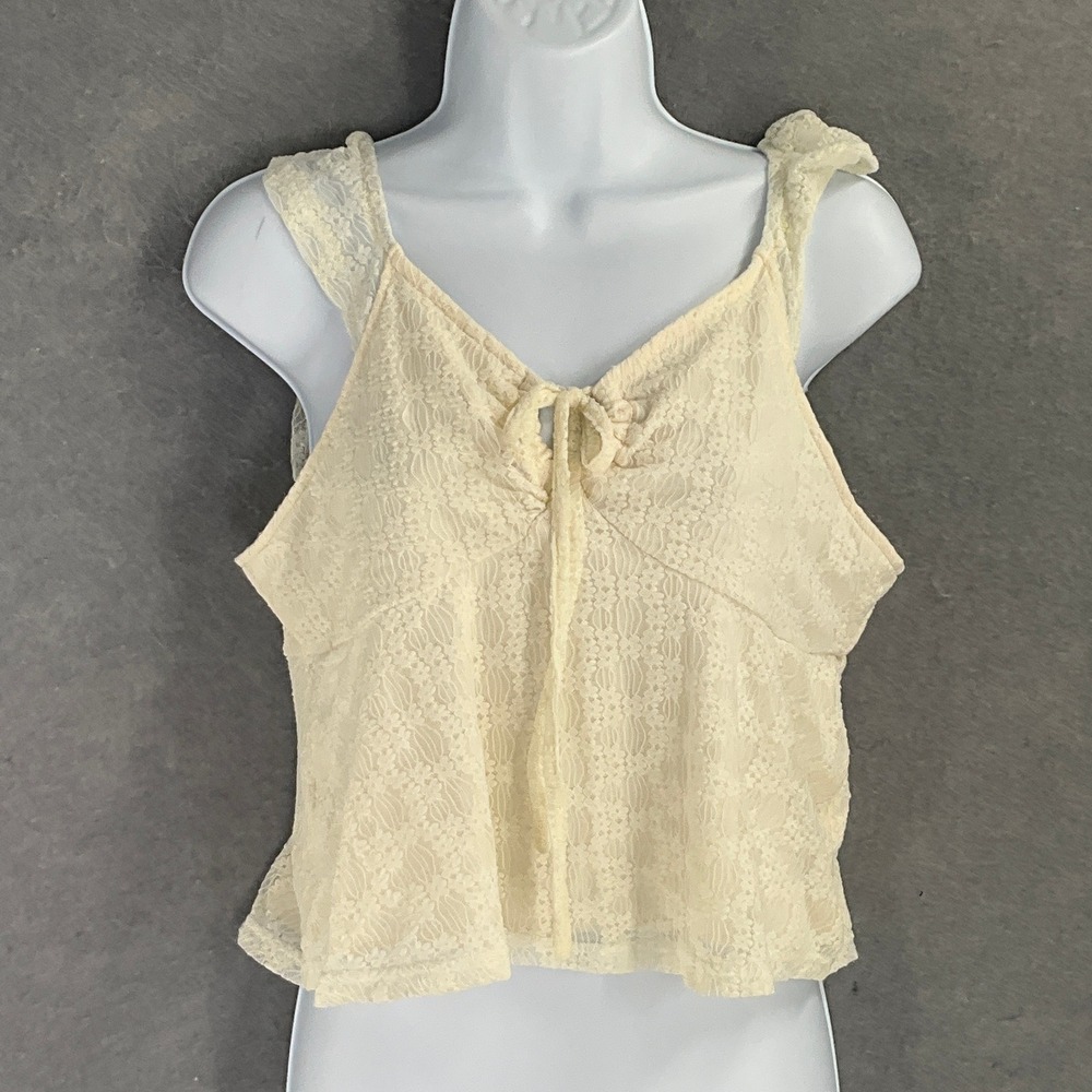 SHEIN Lace‎ Tank Top Womens Sz XL Cream Cropped Tie Front Babydoll Coquette